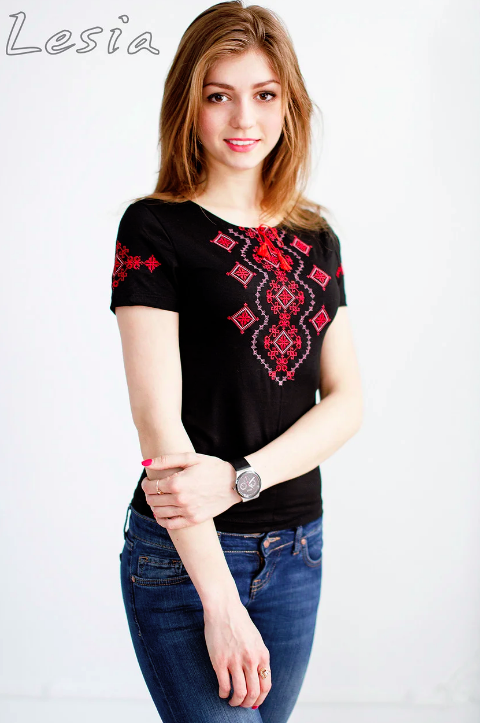 Жіноча футболка з вишивкою Хвилька червона, Черный, S