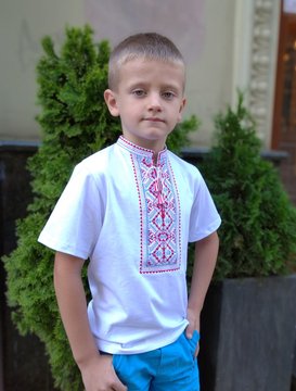 Вишиванка для хлопчика Карпатська червоно-голуба на білому, 92