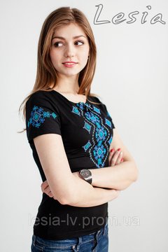 Жіноча футболка з вишивкою Хвилька аквамарин, Чорний