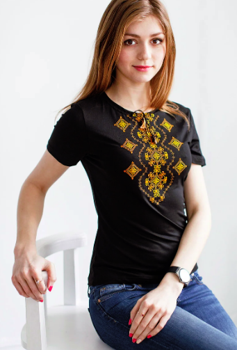 Жіноча футболка з вишивкою Хвилька оранж, Чорний, XL