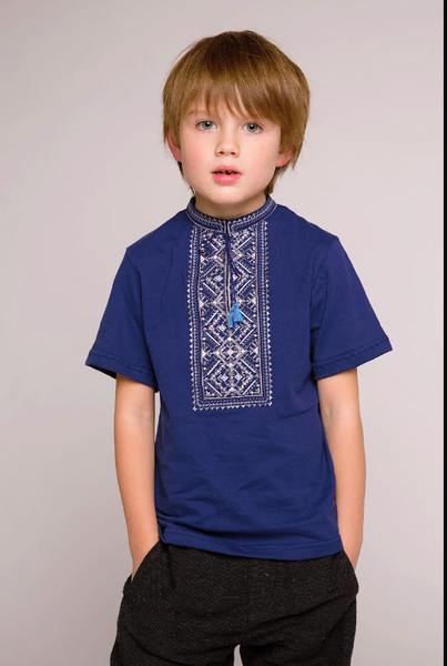 Вишиванка для хлопчика Карпатська сіра на синьому – короткий рукав, Темно-синій, 92