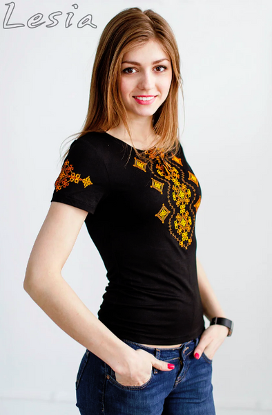Жіноча футболка з вишивкою Хвилька оранж, Чорний, S