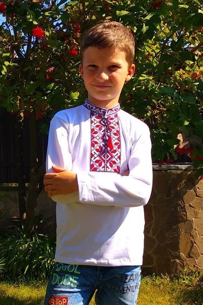 Вишита футболка для хлопчика Подільська червона, довгий рукав, Білий, 92
