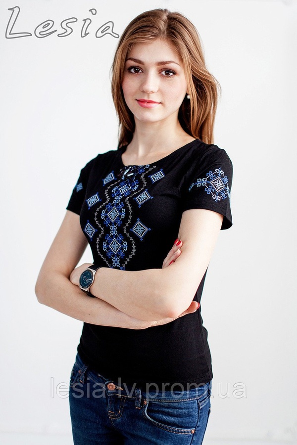 Жіноча футболка з вишивкою Хвилька синя, Черный, M