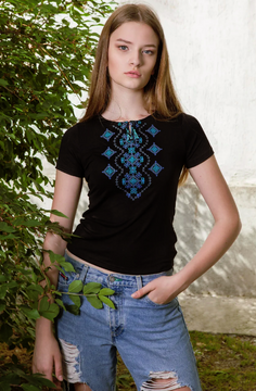 Жіноча футболка з вишивкою Хвилька аквамарин, Чорний, S