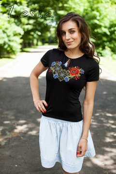 Жіноча футболка з вишивкою Ружа оранж S, Чорний