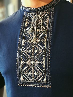 Чоловіча вишиванка Карпатська сіра на синьому, Темно-синий, S