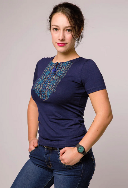 Жіноча футболка Мережка бірюза на синьому, Темно-синій, S
