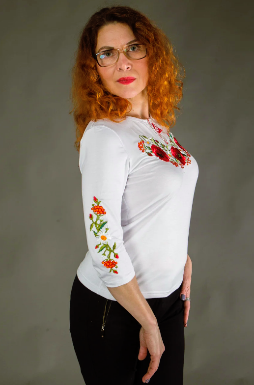 Жіноча вишиванка Маковий цвіт на білому, Білий, XXXL