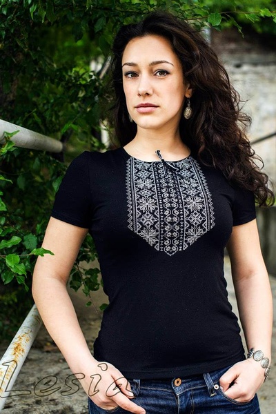 Жіноча футболка з вишивкою Мережка сіра, Черный, M