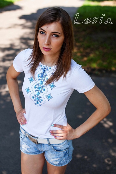 Жіноча футболка з вишивкою Хвилька аквамарин, Білий, S