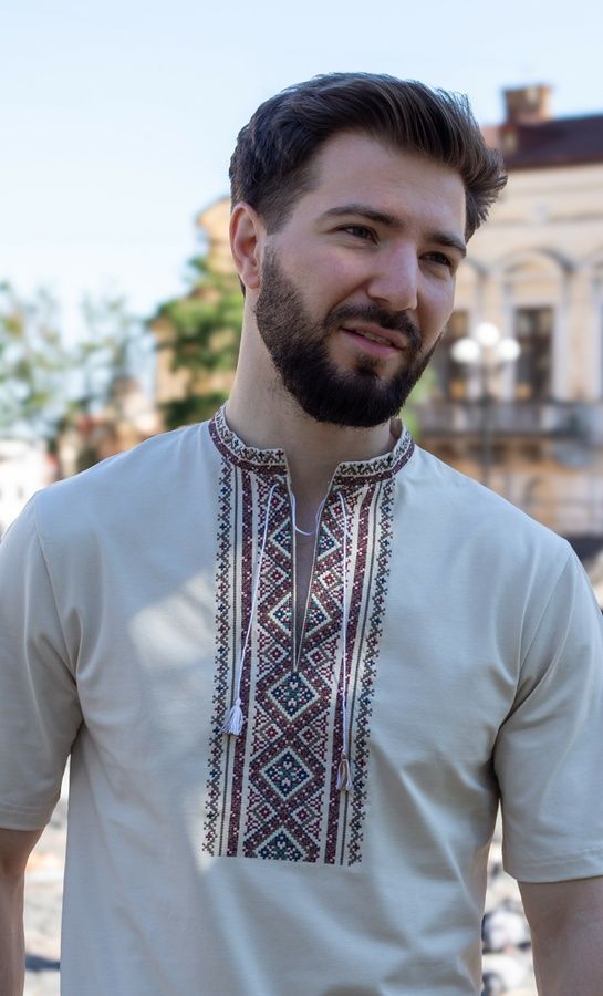 Чоловіча вишита футболка Бойківська, таш , Бежевий, S