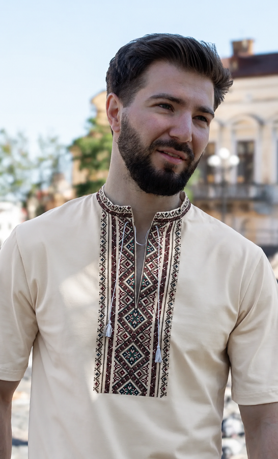 Чоловіча вишита футболка Бойківська, таш , Бежевий, S