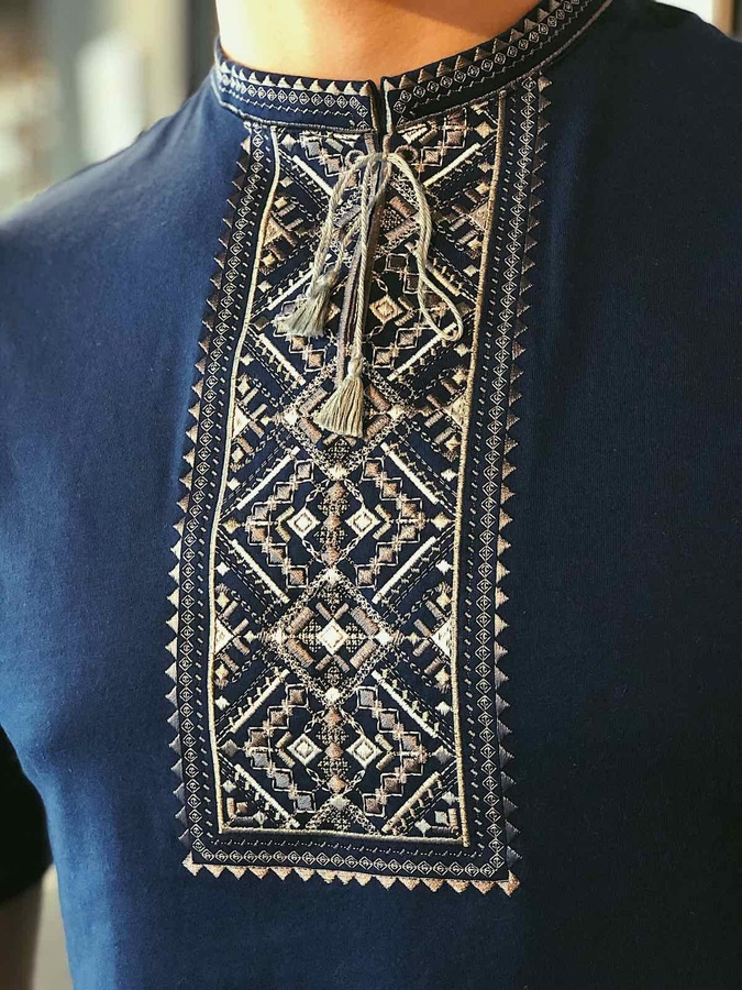 Чоловіча вишиванка Карпатська сіра на синьому, Темно-синий, 4XL