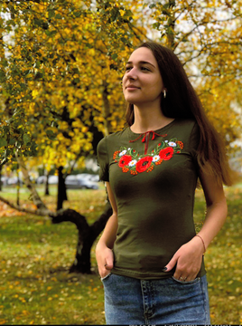 Жіноча футболка Маковий цвіт хакі, XXXL