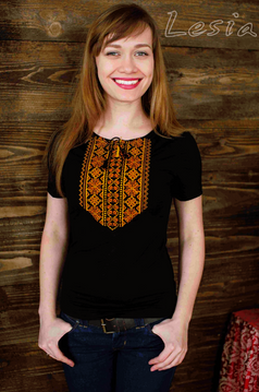 Жіноча футболка з вишивкою Мережка оранж, Чорний, S